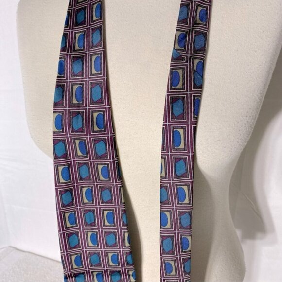 Vintage Burgundy Blue Square Print Tie - Picture 7 of 8